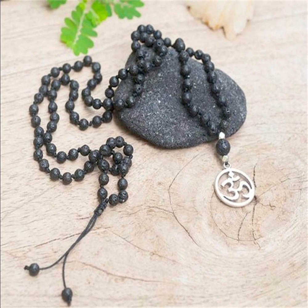 Hand knotted Lavastone Mala with Sanskrit OM symbol